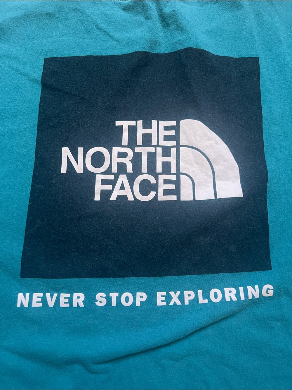 The North Face Mens Teal Blue Logo Graphic Tee C-Neck Never Stop Exploring 2XL